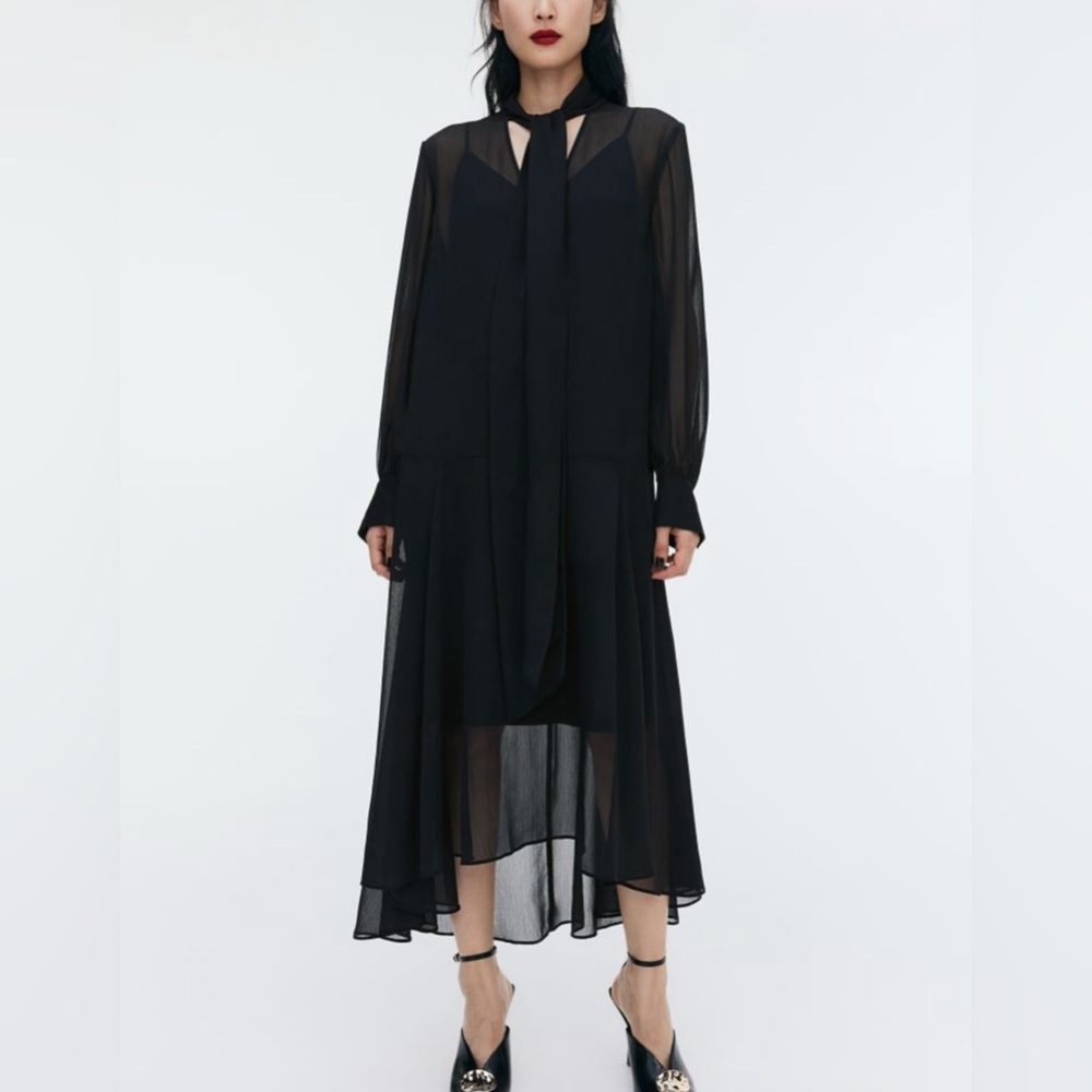 SHEER TIE-NECK DRESS